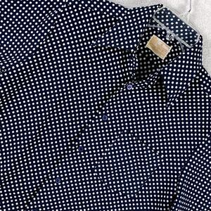 VTG Sears Kings Road Camp Shirt Mens M Navy Polka Dot Dagger Collar Disco 70s